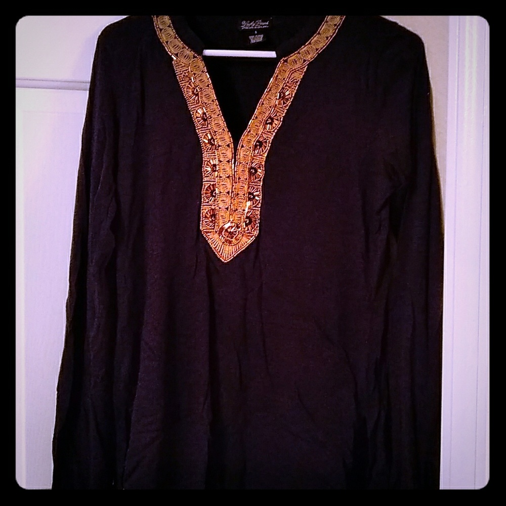 Navy blue cotton shirt with beaded embroidery
